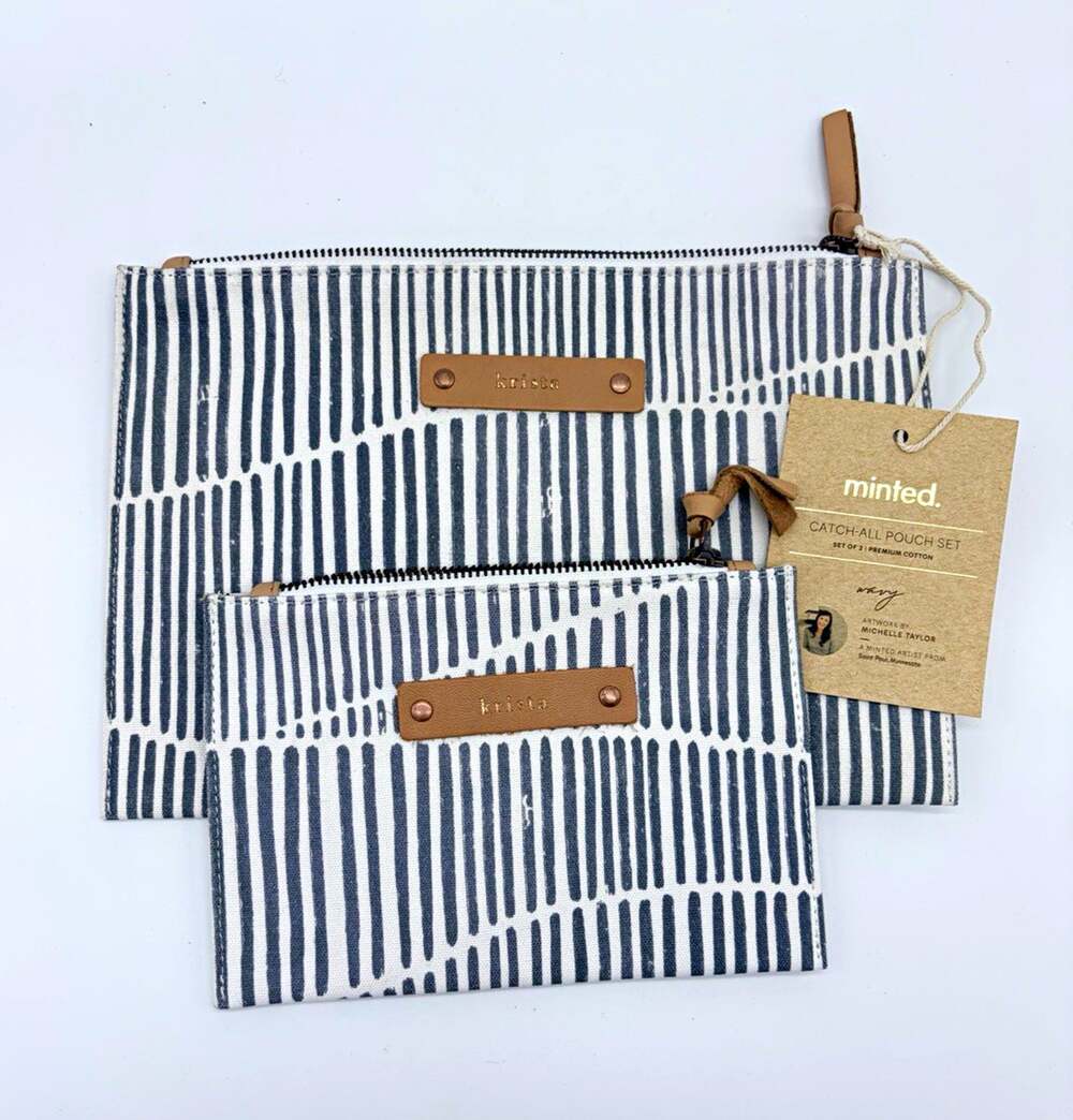 Minted Cotton Zipper Makeup Bag Set of 2 Catch-All Pouches, Gray/White Krista
